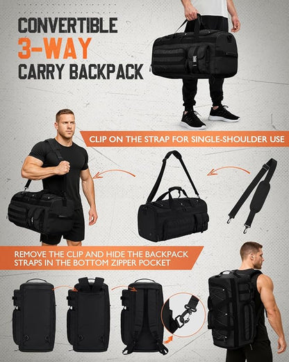 Gonex 45L Duffel Bag for Men, 3 in 1 Convertible Carry Gym Duffle with Shoe Compartment, Tactical Gear Loops, Water-Repellent Lining, Workout & Travel Bag (Black)