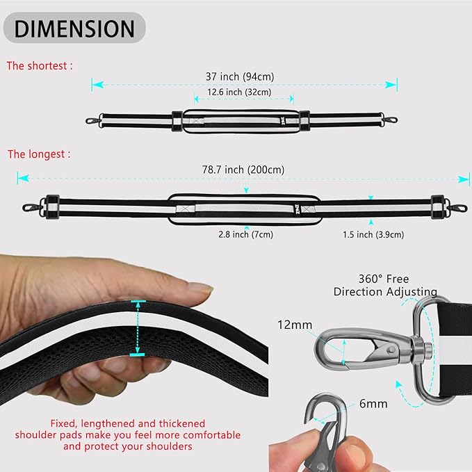 ZINZ 79 inch Shoulder Strap, Extra-thick Fixed Cushion Pad and Dual Clasps Universal Replacement Strap with Metal Swivel Hooks for Laptop Bags, Luggage Bags, Camera, Crossbody(Stripes-BkWBk)