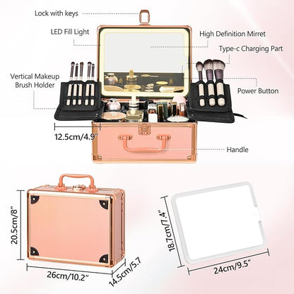 Rose Gold Makeup Case with Lighted Mirror, Detachable LED Mirror, Travel Makeup Train Case, Waterproof Cosmetic Organizer, Standing Makeup Brush Holder, Gift