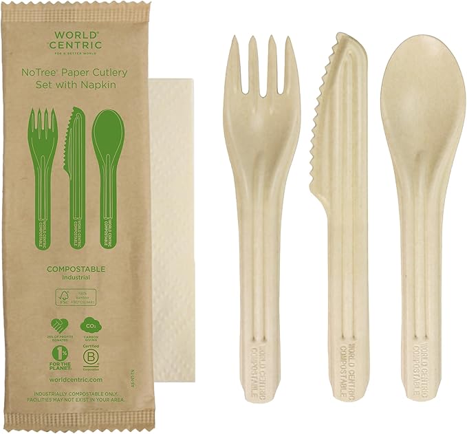World Centric Compostable NoTree 6" Assorted Paper Cutlery with Napkin - FSC Certified with a Heat-Tolerant Coating - 250 Pack