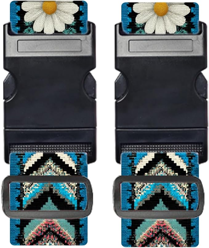 Nuxovilar Luggage Straps of 2 Set Ethnic Style & Daisies Pattern, 1.96x90.5 inches - Luggage Straps for Suitcases, Great for Cultural Trips, Outdoor Events, Daily Travel