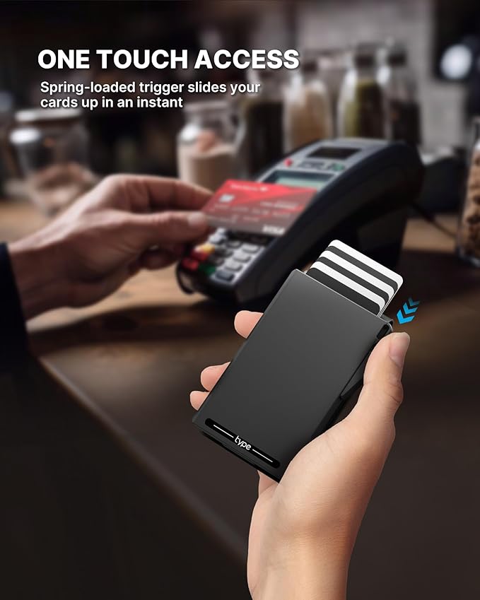 typecase Tactical Wallet for Men Card Holder: Pop Up Card Case, Genuine Leather, Smart, RFID Blocking, Slim, Minimalist, Thin, Front Pocket - 13 Card Capacitiy, ID Window, Money Clip (Dark Black)