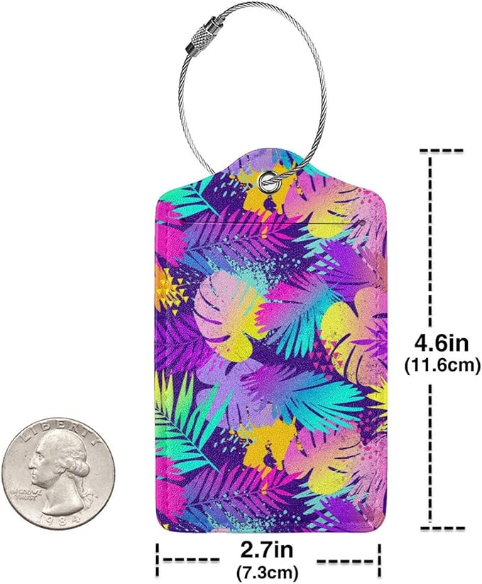 Set of 2 Purple Leaves of Palms Tree Luggage Tags for Suitcases, Colorful Art Tropical Flavour Leather Suitcase Tag Name Identifiers Labels for Travel Bag Baggage Backpack