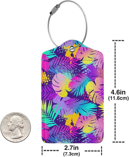 Set of 2 Purple Leaves of Palms Tree Luggage Tags for Suitcases, Colorful Art Tropical Flavour Leather Suitcase Tag Name Identifiers Labels for Travel Bag Baggage Backpack