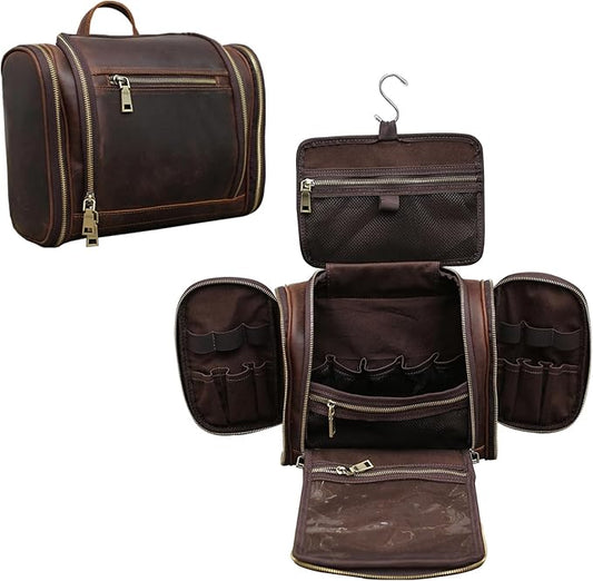 EURYNOME Toiletry Bag For Men, Genuine Leather Toiletries Organizer, Travel Hanging Toiletry Bag Large Water-resistant Bathroom Shaving Kit for Cosmetics, Makeup Case Travel Dopp Kit