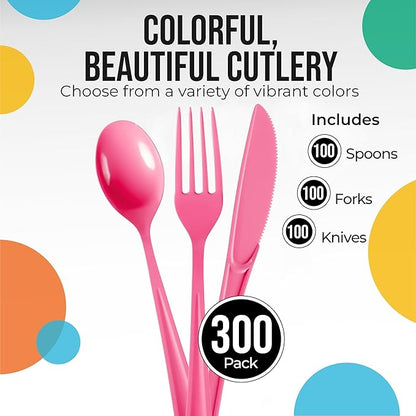 Cerise Plastic Silverware Heavy Duty 300 Pieces Cerise Disposable Silverware Heavy Duty, Utensil Sets, 100 Of Each Forks, Knives & Spoons Disposable Cutlery Set For Party Supplies