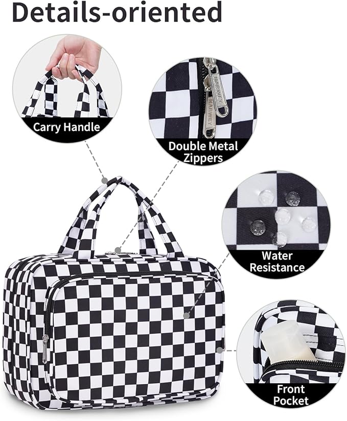 Narwey Travel Toiletry Bag for Women Large Hanging Makeup Bag Organizer Toiletries Bag for Full Size Essentials Accessories Cosmetics (Black Checkerboard (Large))
