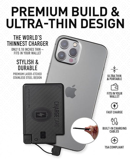 AquaVault ChargeCard – Ultra Slim Emergency Power Bank (2300mAh) – Fits in Wallet – USB-C & Micro-USB – Durable Steel Body – Flight-Safe for iPhone 12-17 & Android - Matte Black