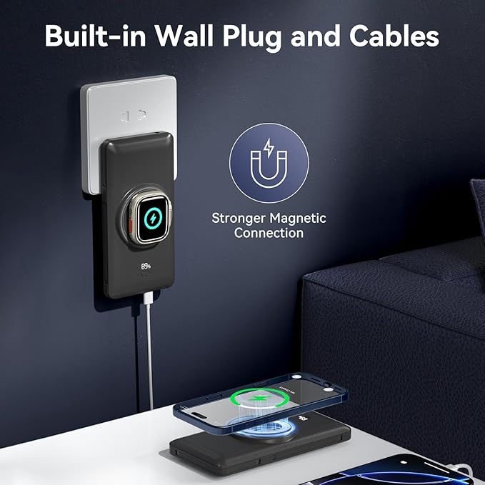 Magnetic 10000mAh Portable Charger for iWatch & iPhone, 22.5W USB C Fast Charging Wireless Power Bank Built-in Cables and Wall Plug, External Travel Battery Pack Compatible with iOS Android Devices