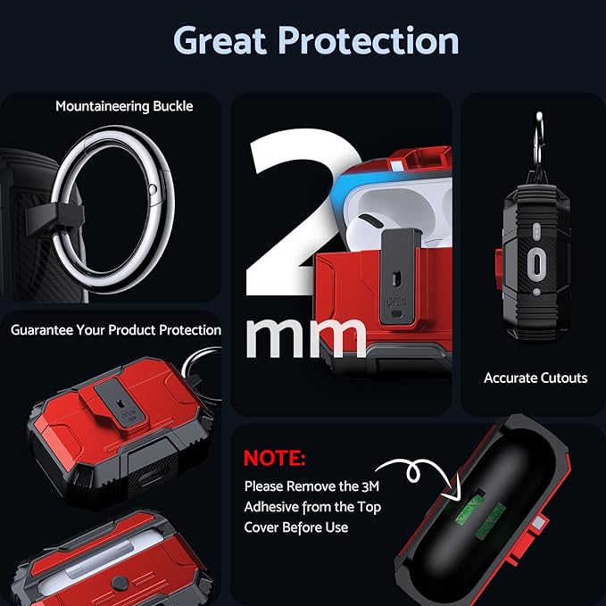 DASFOND Armor Earphone Cover Case for Airpods Pro 3, Military Grade Full Body Shockproof Protection Hard Case, Support Wireless Charging with Keychain, Magnetic Lid, Front LED Visible, Red