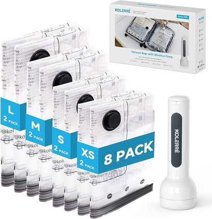 8 Pack Travel Vacuum Bags with Upgraded Rechargeable Pump, 4 Sizes Space Saver Vacuum Storage Bags for Luggage and Suitcase, Compression Bags for Packing, Vacuum Seal Bags for Clothing Travel