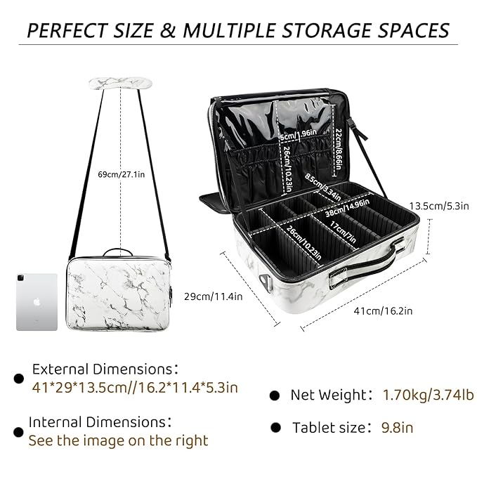 gzcz Large Capacity Travel Makeup Case Organizer,Professional Cosmetic Bags for Women,Waterproof PU Leather Makeup Bag with Adjustable Dividers and Shoulder Strap for Brushes and Jewelry