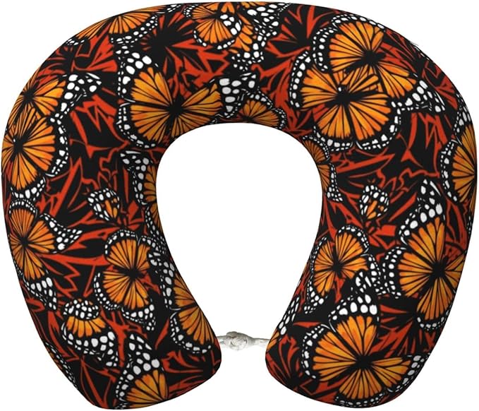 Travel Pillow for Boys and Girls, Comfortable Neck Chin Head Support Cushion Orange Monarch Butterflies, Comfortable for Airplanes Car Sleeping Rest