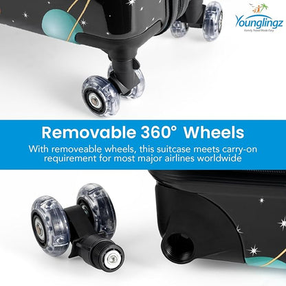 Younglingz LIL FLYER GO Version 2 Ride On Suitcase for Kids | Carry On Luggage with Toddler Seat, Foldable Handlebars, Pedals, and Removable Wheels | Holds up to 80 lbs | SPACE | Ages 2-6