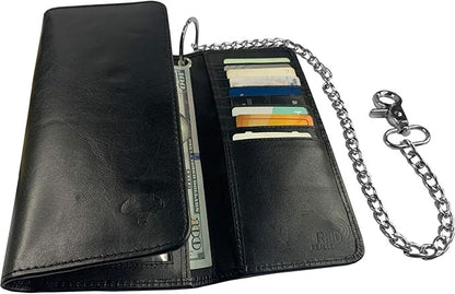 IBRO VINTAGE Motorcycle Chain Wallet for Men – Premium Cowhide Leather, RFID Tri-Fold Biker Wallet with Heavy Duty Chain for Bikers Truckers & Hunters, Credit Card Money Organizer Long Wallet