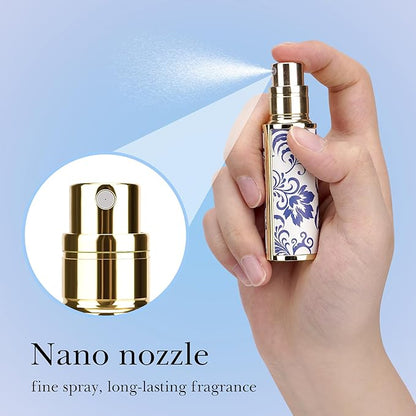 LUEXBOX Portable Perfume Bottle for Travel, Mini Refillable Perfume Dispenser, 5ml Faux Leather Leak Proof Perfume Atomizers, Blue and White Bottles Sprayer for Pocket Perfume (Blue Grass)