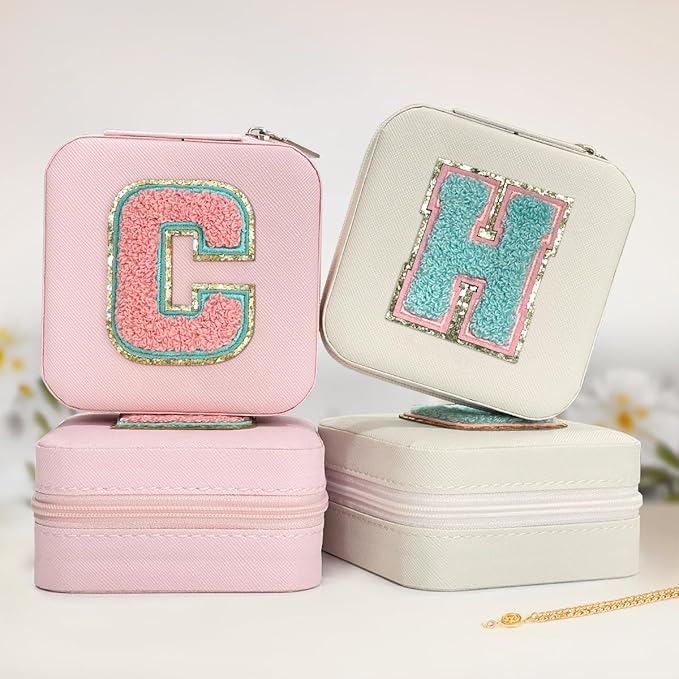 SANDJEST Personalized Jewelry Box, Pink Travel Jewelry Box with Initial H, Small Monogrammed Jewelry Case Organizer for Girls Women Teen Kids, Mini Travel Essentials Gifts for Birthday Christmas