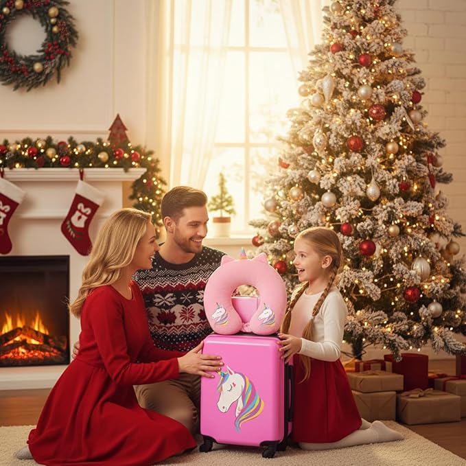 Sanwuta 4 Pcs Kids Luggage Set Backpack Travel Rolling Suitcase U-shape Pillow Christmas Children Gift for Girls Boys(17 Inch,Unicorn Style,Pink)