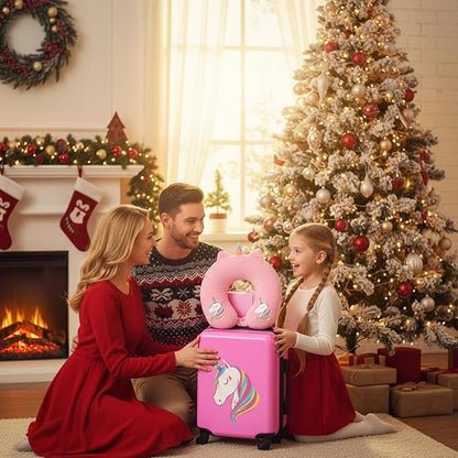Sanwuta 4 Pcs Kids Luggage Set Backpack Travel Rolling Suitcase U-shape Pillow Christmas Children Gift for Girls Boys(17 Inch,Unicorn Style,Pink)