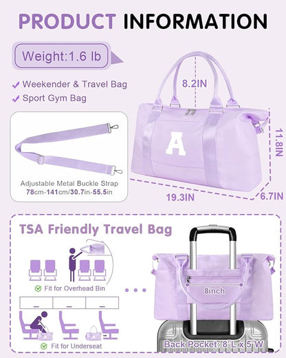 Daughter Niece Gifts for Teen Girl Kids, Initial Travel Duffel Bag Sports Gym Bag Personalized Gifts Weekender Bag，Monogram Overnight Bag Cute Dance Bag Birthday Bridesmaid Gifts for Women(Purple, A)