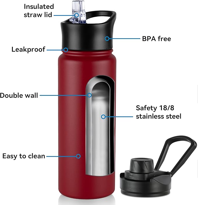 24oz Insulated Water Bottle with Straw Lid, Stainless Steel Metal Water Bottle with Straw & Wide Mouth Lid, Double Wall Vacuum Water Bottle for Hiking Camping, Red 8 Pack