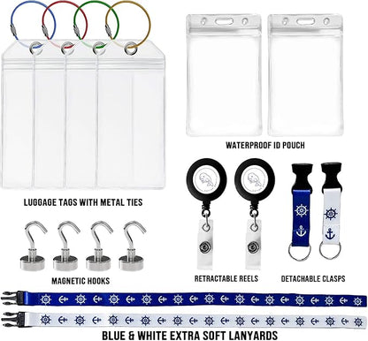 Luggage Tags Essentials 4 Sets with Zip Seal and Steel Loops + 2 Lanyard Detachable ID Holder Badge + 4 Cabin Magnetic Hooks (27lbs) - Fits All Cruise Lines