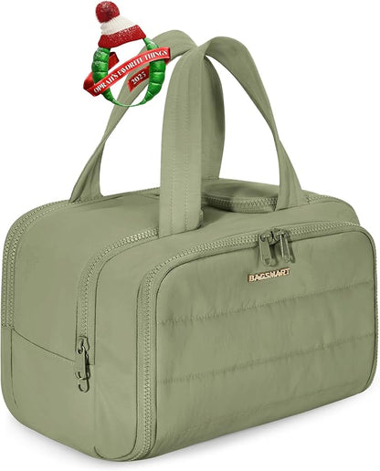 BAGSMART Travel Toiletry Bag, Lightweight Large Wide-open Travel Bag for Women, Puffy Cosmetic Makeup Bag Organizer with Handle for Accessories,Essentials, Toiletries, Green