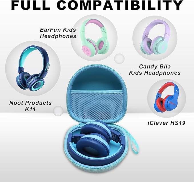 Kids Headphones Case Compatible with iClever BTH12 / BTH20/ BTH26/HS19, JoySpark, Candy Bila, EarFun, MIDOLA, IMYB Foldable Kids Headphones, Mint Green Travel Storage Bag(Case Only)