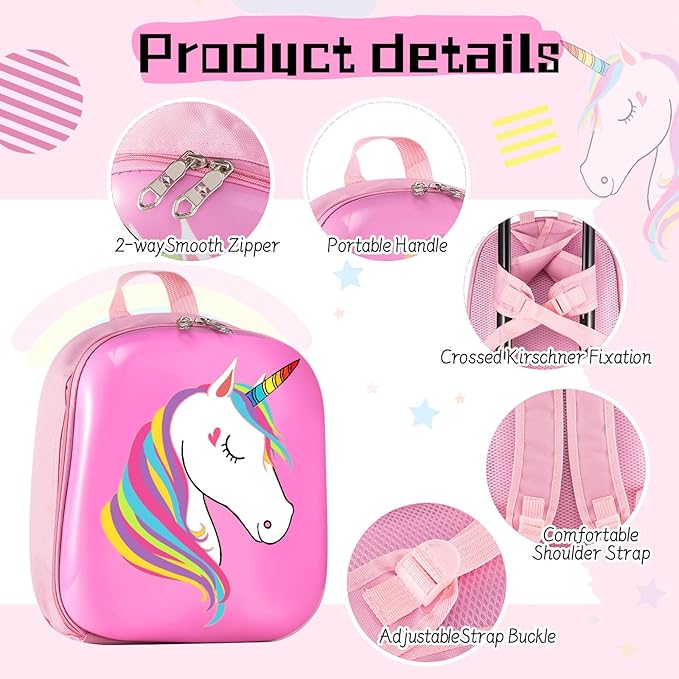 Sanwuta 4 Pcs Kids Luggage Set Backpack Travel Rolling Suitcase U-shape Pillow Christmas Children Gift for Girls Boys(17 Inch,Unicorn Style,Pink)