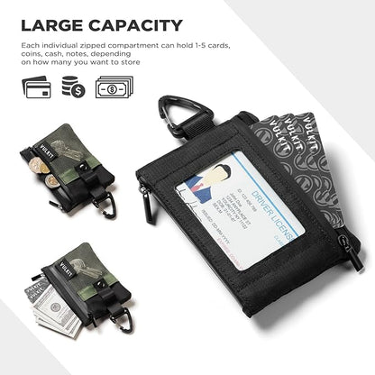 VULKIT Small RFID Wallet for Women & Men – Minimalist Zipper Wallet with ID Window, Keychain & Carabiner, Holds 15 Cards, Water Resistant Travel Lanyard Wallet Army Green Black