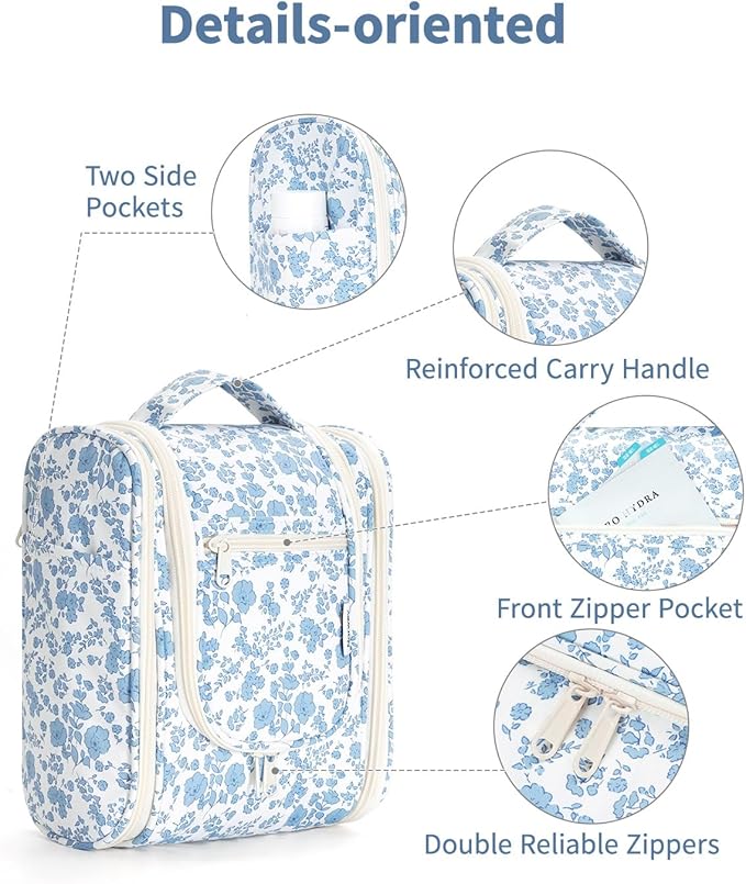 Narwey Hanging Toiletry Bag Women Travel Makeup Bag Organizer Toiletries Bag for Travel Size Essentials Accessories Cosmetics (Medium,Little Blue Flower)