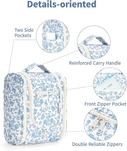 Narwey Hanging Toiletry Bag Women Travel Makeup Bag Organizer Toiletries Bag for Travel Size Essentials Accessories Cosmetics (Medium,Little Blue Flower)