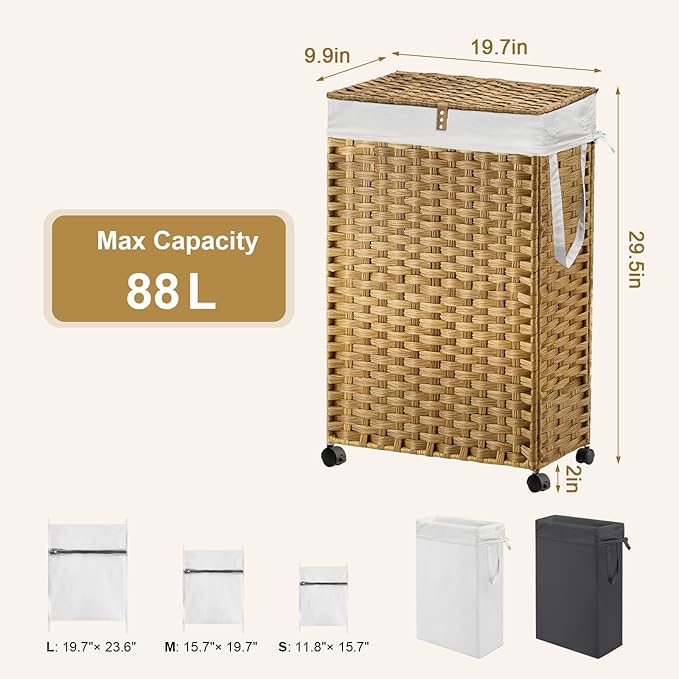 88L Slim Laundry Hamper with Wheels, 23.3 Gallon Rolling Laundry Basket with Lid, Tall and Narrow Laundry Hamper with 2 Removable Liner & 3 Mesh Bags, Laundry Sorter for Bathroom, Natural
