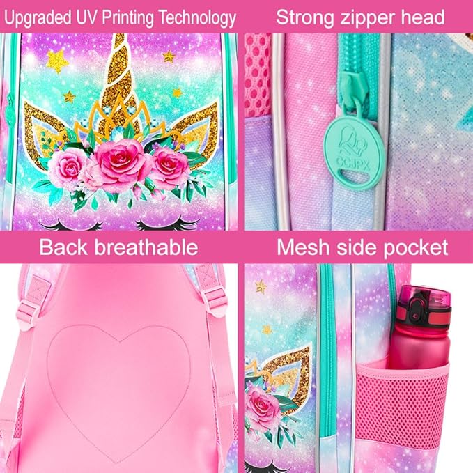 WZLVO 3PCS Unicorn Backpack for Girls, 16" Kids Preschool Bookbag with Lunch Box，Water Resistant School Backpacks Set for Elementary Kindergarten