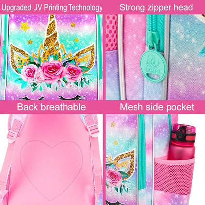WZLVO 3PCS Unicorn Backpack for Girls, 16" Kids Preschool Bookbag with Lunch Box，Water Resistant School Backpacks Set for Elementary Kindergarten