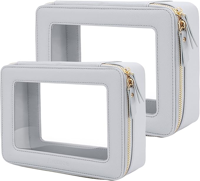 Aveniee Clear Makeup Bag Organizer Set,Portable Travel Toiletry Cosmetic Bag Case for Women,Vegan Leather Make Up Pouch Car Bag for Essentials,Middle+Large,Blue