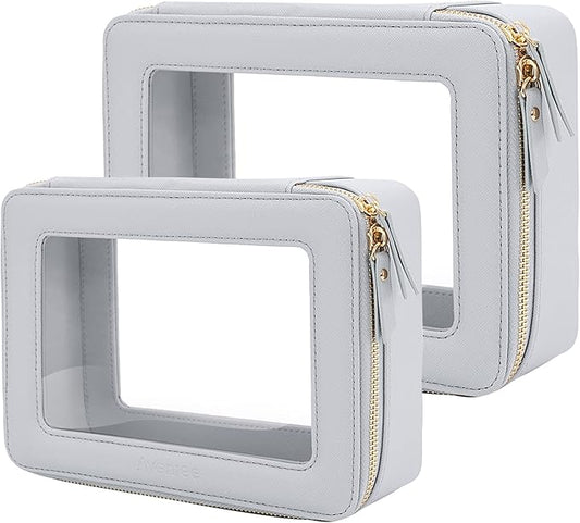 Aveniee Clear Makeup Bag Organizer Set,Portable Travel Toiletry Cosmetic Bag Case for Women,Vegan Leather Make Up Pouch Car Bag for Essentials,Middle+Large,Blue