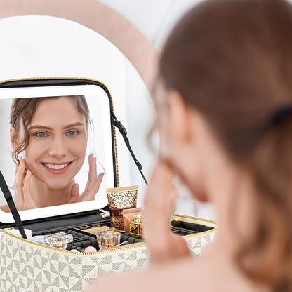 Makeup Travel Train Case with Mirror LED Light 3 Adjustable Brightness Large Cosmetic Bag Portable Storage Adjustable Partition Waterproof Makeup Brushes Make up Jewelry Gift for Women