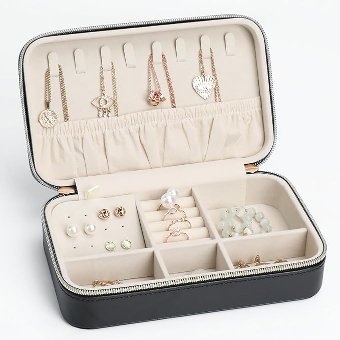 Portable Jewelry Organizer for Travel Compact Leather Jewelry Box with 8 Hooks, Earring Holder & Zippered Pouch, Ideal Gift for Women Black