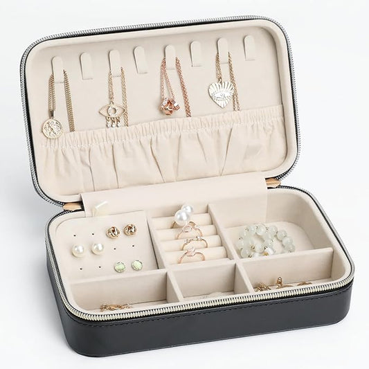 Portable Jewelry Organizer for Travel Compact Leather Jewelry Box with 8 Hooks, Earring Holder & Zippered Pouch, Ideal Gift for Women Black