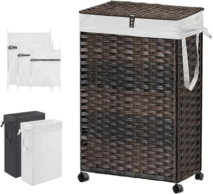 88L Slim Laundry Hamper with Wheels, 23.3 Gallon Rolling Laundry Basket with Lid, Tall and Narrow Laundry Hamper with 2 Removable Liner & 3 Mesh Bags, Laundry Sorter for Bathroom, Brown