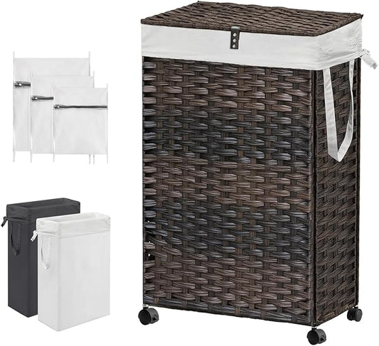 88L Slim Laundry Hamper with Wheels, 23.3 Gallon Rolling Laundry Basket with Lid, Tall and Narrow Laundry Hamper with 2 Removable Liner & 3 Mesh Bags, Laundry Sorter for Bathroom, Brown
