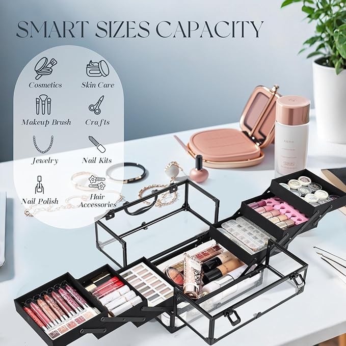 FRENESSA Portable Makeup Case Cosmetics Display Cases Toiletry Organizer Box Transparent Acrylic Artists Train Case with 6 Trays Travel Makeup Tools Storage for Vanity Counter Dresser Organizer Black