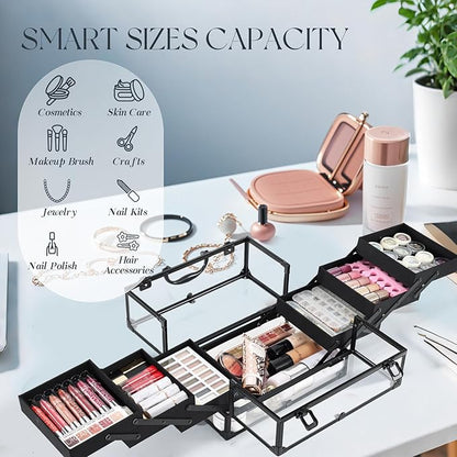 FRENESSA Portable Makeup Case Cosmetics Display Cases Toiletry Organizer Box Transparent Acrylic Artists Train Case with 6 Trays Travel Makeup Tools Storage for Vanity Counter Dresser Organizer Black