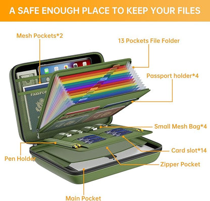 DocSafe Fireproof File Organizer with Lock, Hard-Shell Case Fireproof Document Box with 13 Pocket Accordion File Folder, Portable Home Office Travel Safe Storage for Important Documents Laptop Green