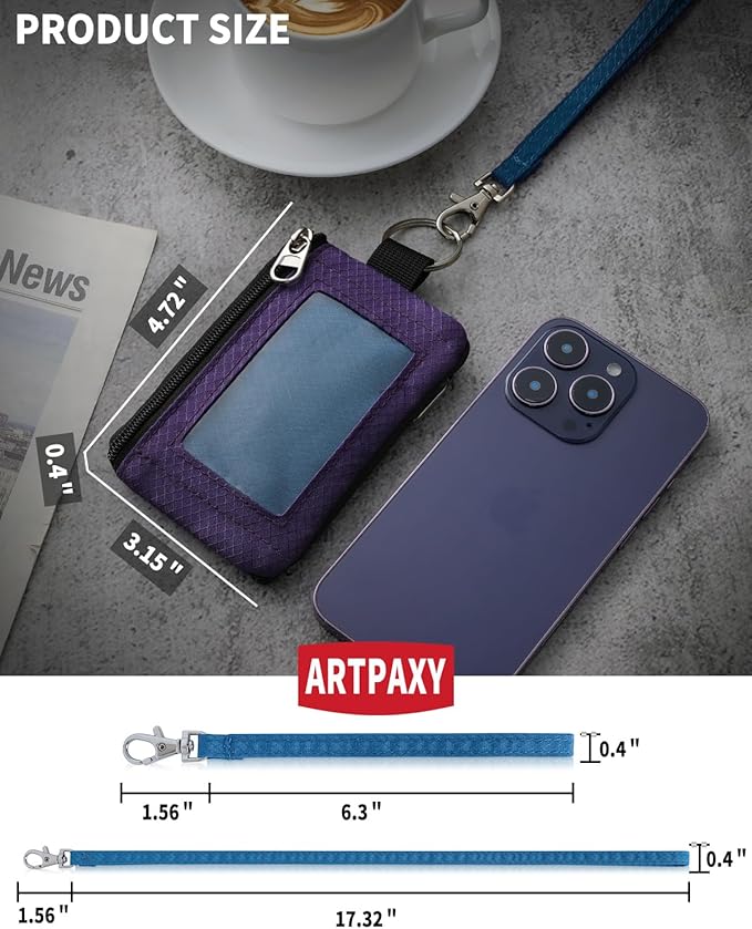 Minimalist Wallet For Mens Womens, Keychain RFID Blocking Zipper Small Wallet with ID Window 2 Lanyards,Water Resistant Travel Cash Card Coin Case Boys Girls