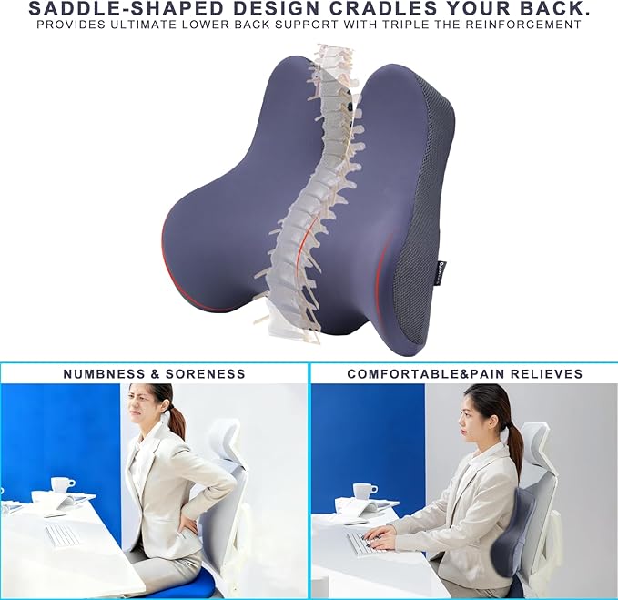 Large Seat Cushion & Lumbar Support Pillow Set for Car & Office Chair,Memory Foam Ergonomic Desk for Tailbone & Sciatica & Hip Pain Relief,Back Support-Black