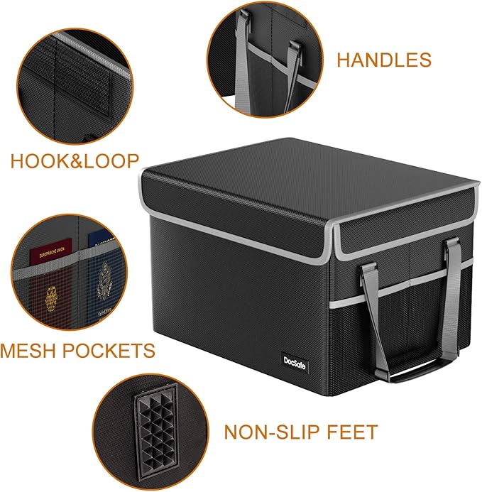 DocSafe File Box Fireproof File Storage Organizer with Lid,Collapsible Document Storage Filing Case for Hanging Letter/Legal Folders,Portable Home Office Safe Cabinet with Handle,Black