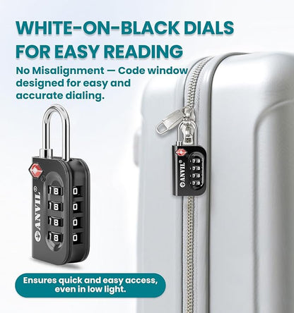 ANVIL TSA Approved Luggage Lock - 4 Digit Combination, 10,000 Combinations, Easy-Read Password Window, Travel Lock for Suitcases, Backpacks, Gym & Student Lockers, Baggage