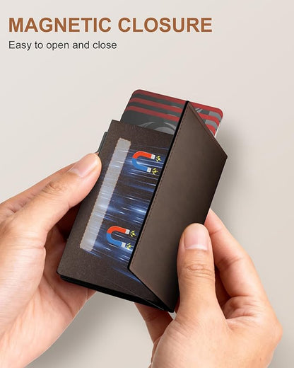 Wallet for Men Card Holder: Pop Up Card Case, RFID Blocking, Premium Genuine Leather, Slim, Minimalist, Front Pocket - 14 Card Capacity | ID Window | Cash Slot (Brown)
